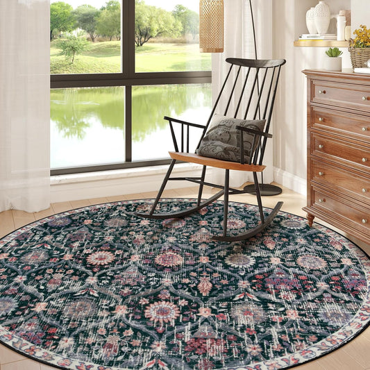 Lahome Moroccan Trellis Washable Round Area Rug, Soft Round Rugs 6ft Ultra-Thin Non-Slip, Vintage Large Circle Carpet for Bedroom Living Room Kitchen Nursery, Black/Multi