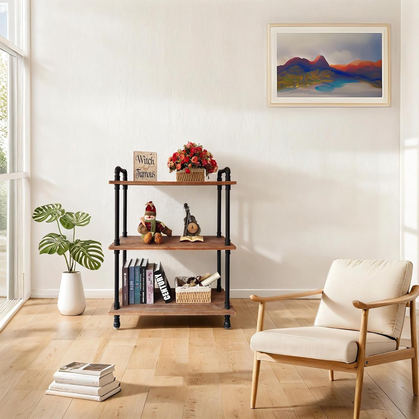 Industrial Bookshelf, 3 Tier Pipe Shelving, Industrial Pipe Shelf - Weathered Brown, 29.5" L x 11.8" W x 39" H