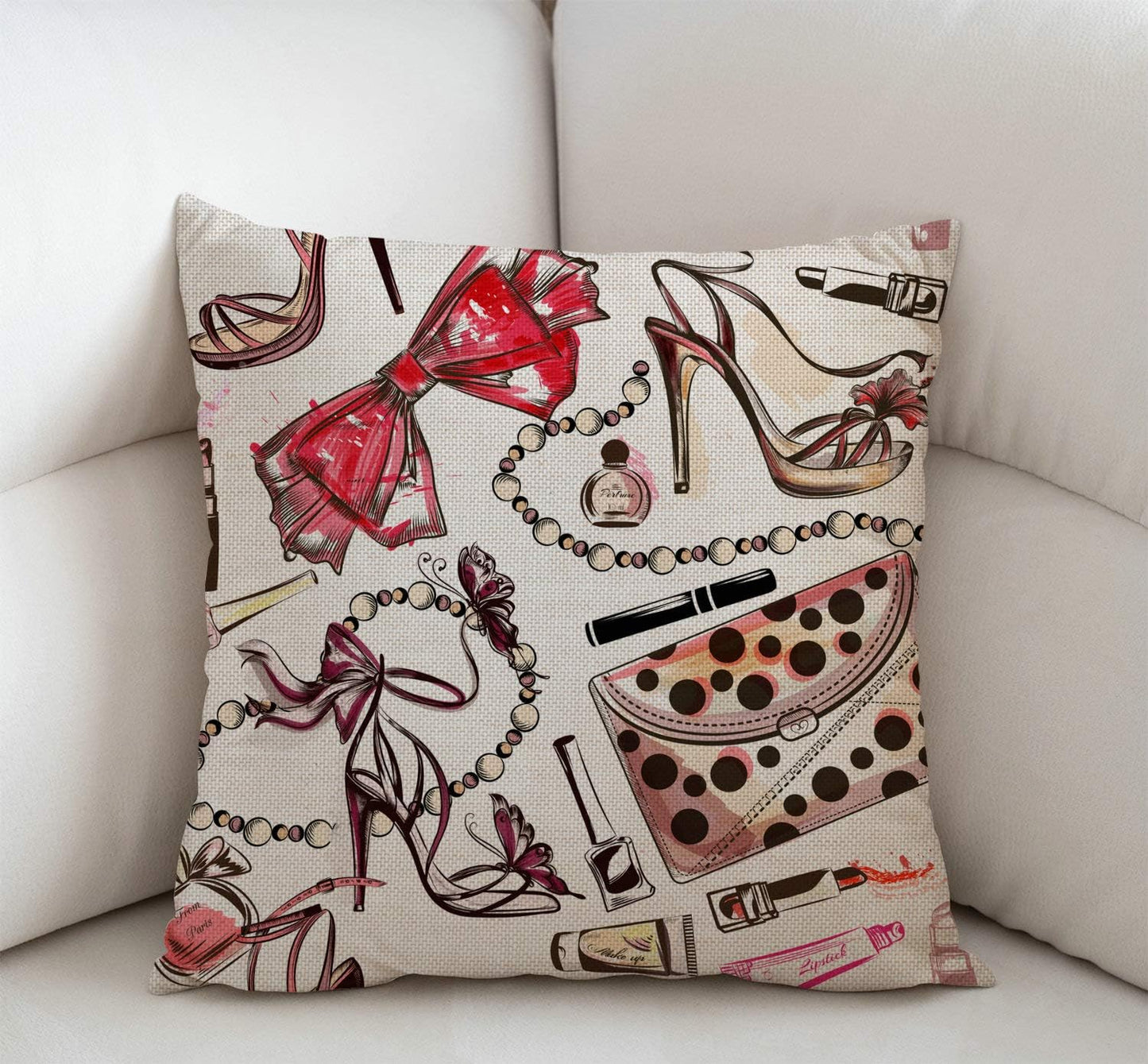 Fashion Cosmetics Pink Hand Drawn Female Shoes Lipstick Perfume Farmhouse Style Decorative Throw Pillow Cover Cushion Case for Sofa Couch Housewarming Present Home Decor Cotton Linen 18" x 18" Inch