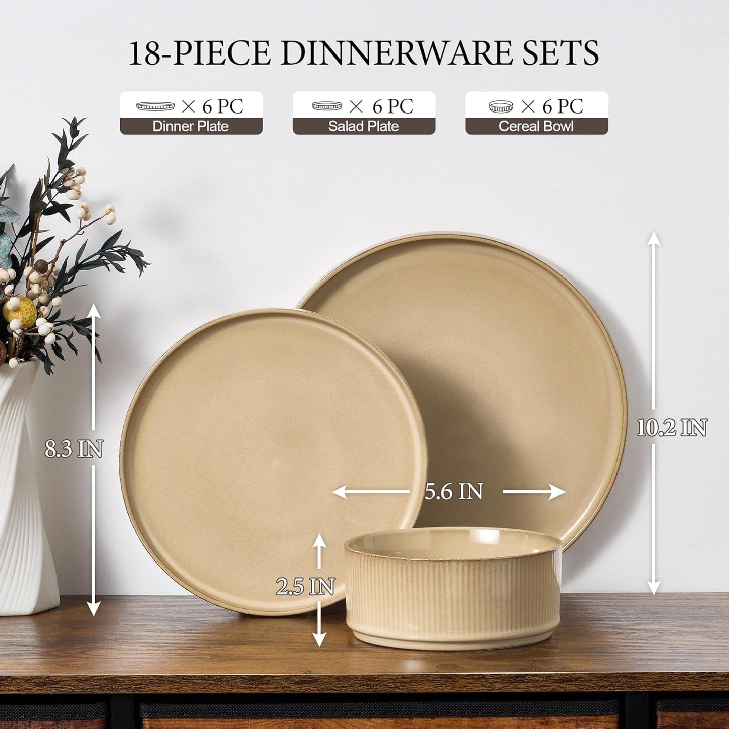 E-far Stoneware Dinnerware Sets, 18-Pieces Modern Plates and Bowls Sets, Kitchen Dinning Porcelain Dishes Set for 6, Chip & Scratch Resistant, Dishwasher & Microwave Safe, Caramel Khaki