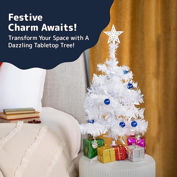 23-Inch Mini White Christmas Tree with Warm-White LED Lights - Small Xmas Decor with Lights and Star Treetop - DIY Tabletop Little Christmas Tree, Decorated Gift Boxes and Hanging Ornaments