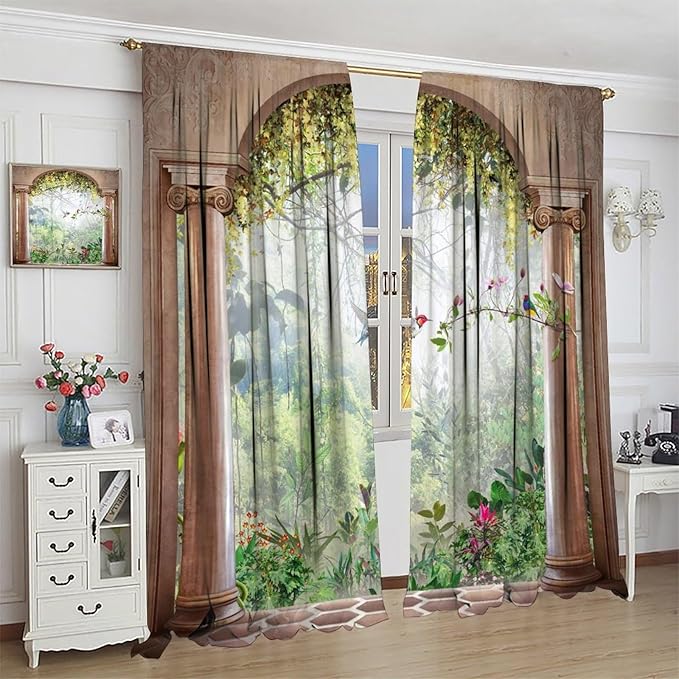 Gothic Blackout Curtains，Fantasy Spring Nature Forest Birds Pattern Drapes Window 2 Panel Rod Pocket Curtain for Bedroom Living Room Decor 21" W X 45" L