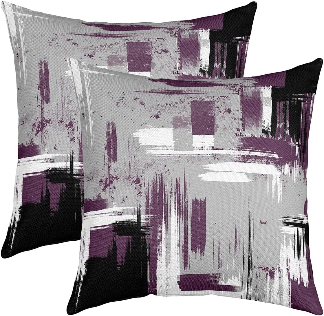 Feelyou Abstract Throw Pillow Covers for Couch Sofa Bed, Set of 2 Modern Abstract Art Decorative Pillows Cushion Covers, Retro Purple Grey Black Pillow Inserts Not Included, 24x24 inch