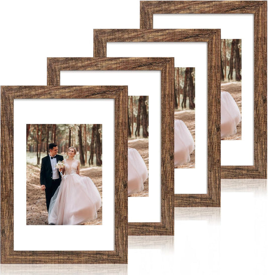 iRahmen 8x12 Picture Frame Set of 4 with High Definition Real Glass, Display 6x8 Pictures with Mat or 8 x 12 Without Mat, Rustic Wood Photo Frames for Tabletop and Wall Mounting