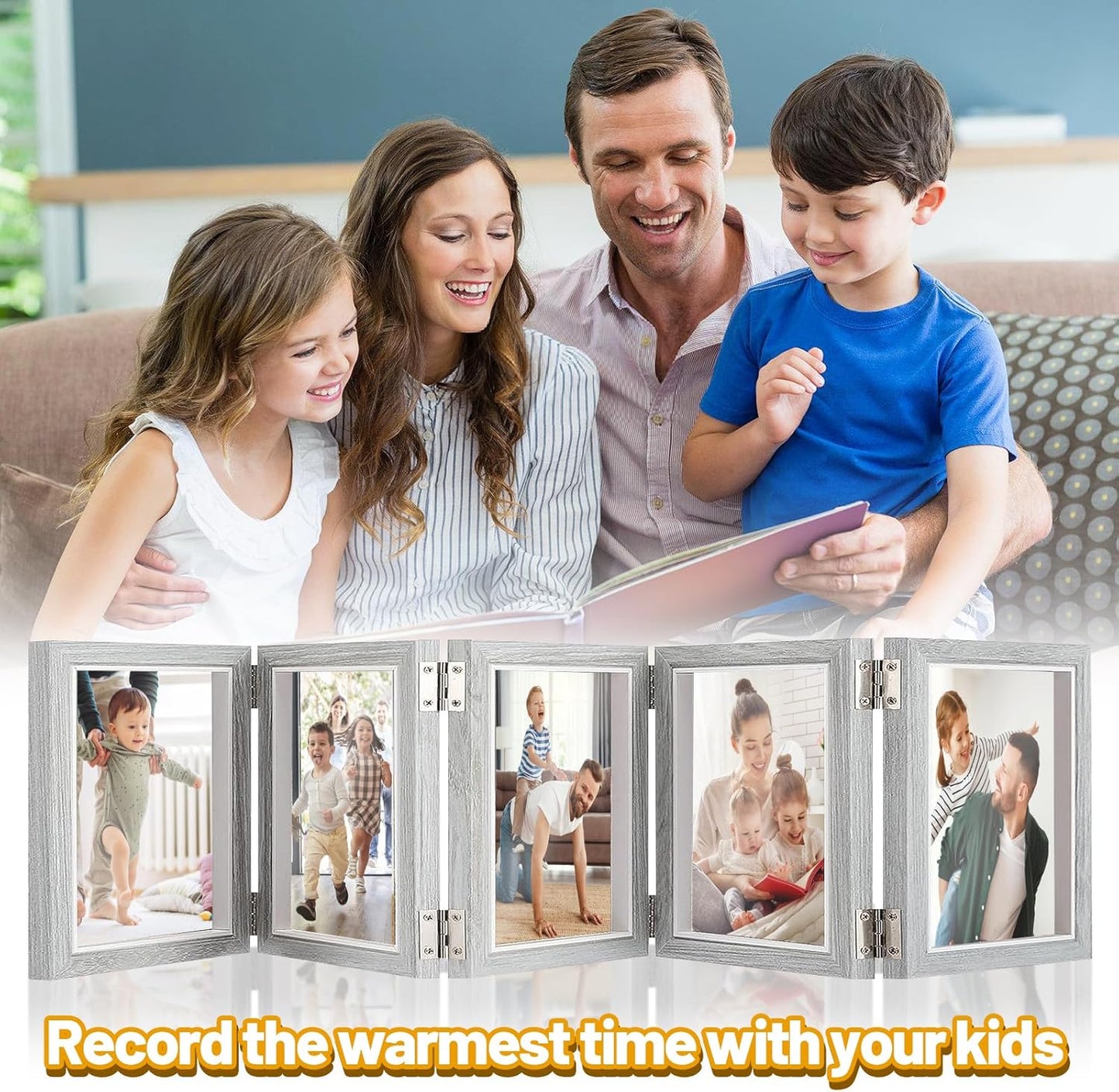 Biggun 4x6in 5 Folding Accordion Picture Frame - Foldable Hinged Collage Photo Frames for Tabletop Display Multiple Family Pictures Birthday Father's Day Gifts (Gray Blue)