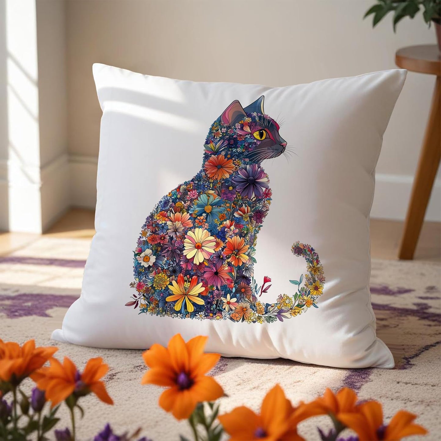 Colorful Floral Cat Pillow Covers 18x18, Gifts for Cat Lovers Mom Lady Owners, Elegant Kitten Kitty Decorative Pillow Covers for Home Bedroom Living Room Decor, Pet Lover Gifts