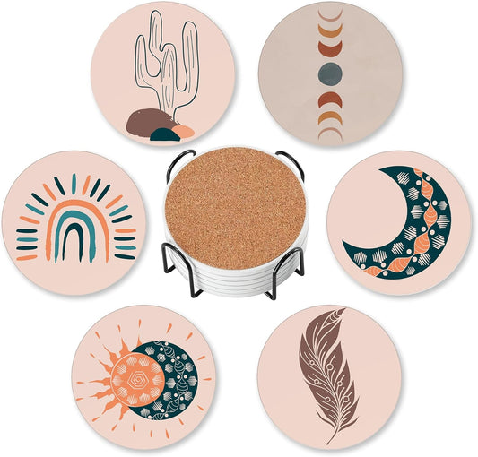 Drink Coasters for Drinks Set of 6, Boho Art Absorbent Round Ceramic Stone Mat Coaster, with Cork Base and Metal Holder, Home Bar Decor House Warming Gift
