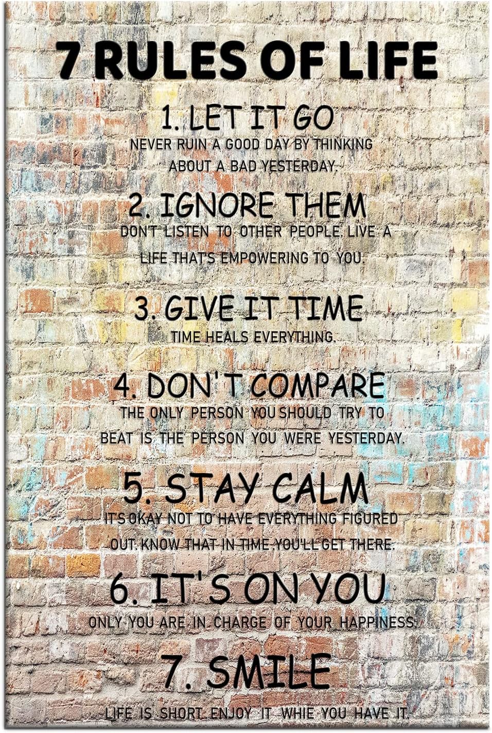 Inspirational Canvas Wall Art 7 Rules of Life Motivational Poster Wall Decor Color Positive Quotes Print Artwork Living Room Framed Art for Home Bedroom Bathroom Ready to Hang [12''W X 18''H]