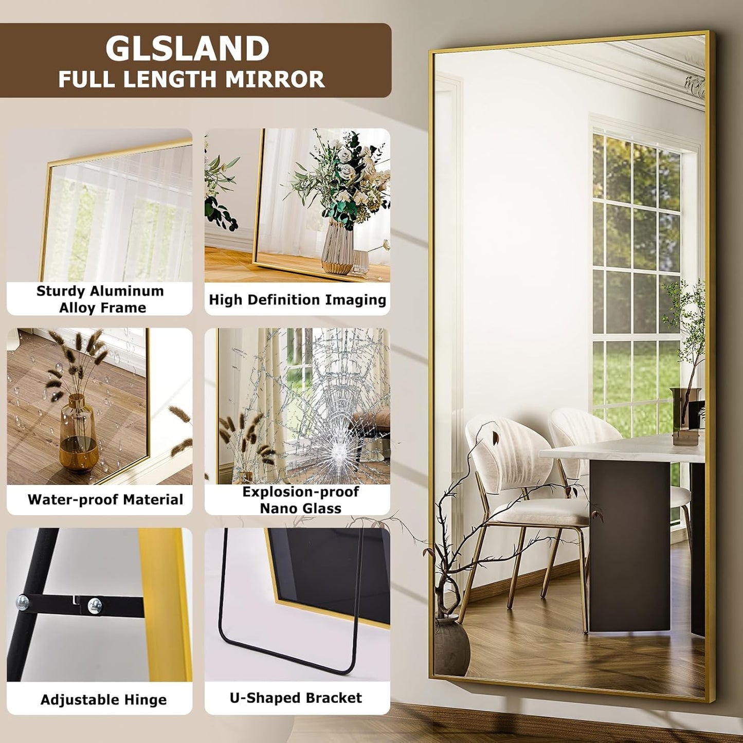 GLSLAND 68" x 24" Full Length Mirror - Rectangle Floor Mirrors Aluminum Alloy Frame Full Body Mirror for Bedroom, Living Room, Cloak Room, Gold