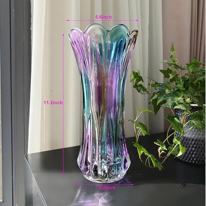 11.2 Inch Glass Vase-Iridescent Purple and Teal Thickened Cylinder Colorful Flower Vase Decor for Home Dining Table Centerpiece Office Wedding Holiday Party