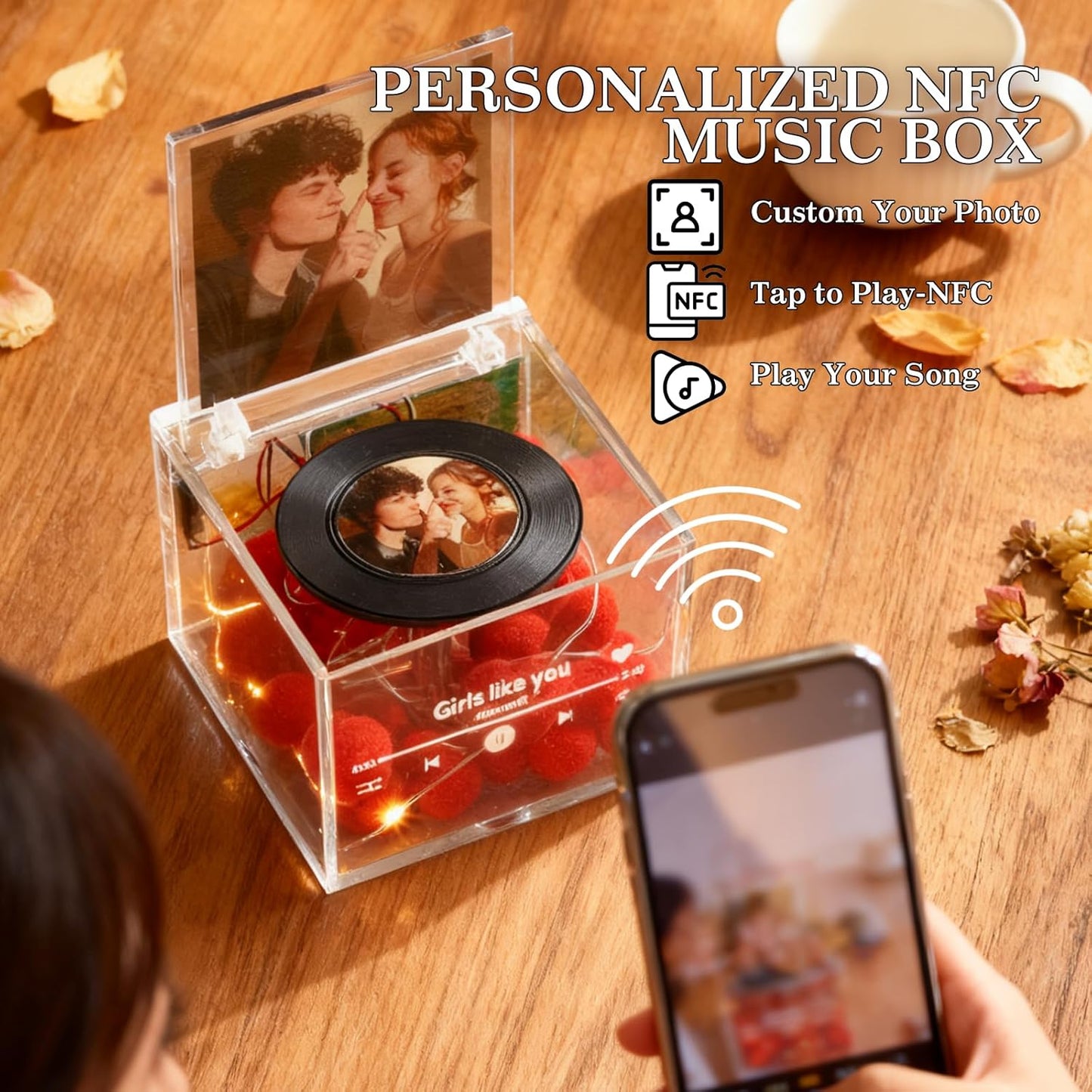 Custom Music Box, Custom Vinyl Record with Light, Music Decor with Text Photo and Any Song, Personalized Gifts Anniversary Birthday Chrismas Valentine’s Day for Couple, Lover, Boyfriend, Girlfriend