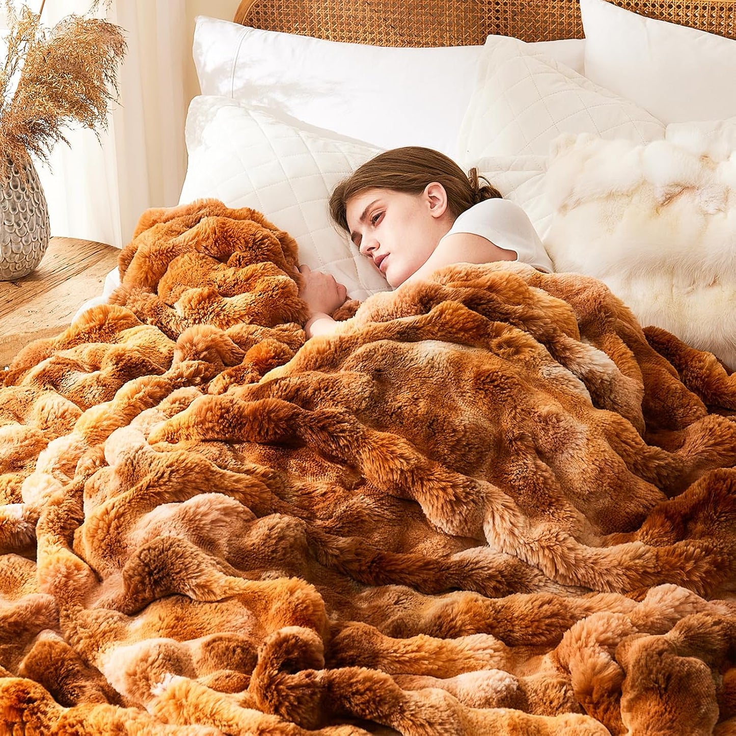 L'AGRATY Faux Fur Throw Blanket: 90" x 90" Luxury Soft Fluffy Thick Rabbit Fur Blankets for Queen Bed Couch - Cozy Plush Bubble Blankets for Home Decor: Warm Flannel Fleece Decorative Blanket