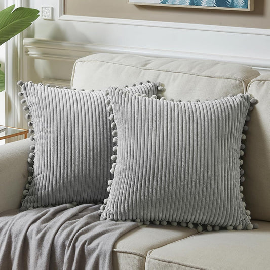 Fancy Homi 2 Packs Neutral Grey Decorative Throw Pillow Covers 18x18 Inch with Pom-poms for Couch Bed Sofa, Aesthetic Modern Organic Farmhouse Boho Home Decor, Soft Corduroy Cute Accent Cushion Case