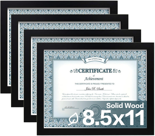 Egofine 8.5x11 Picture Frames Set of 4, Made of Solid Wood Covered by Plexiglass for Document,Diploma, Certificates and Degree, for Table Top Display and Wall Mounting Photo Frame Black