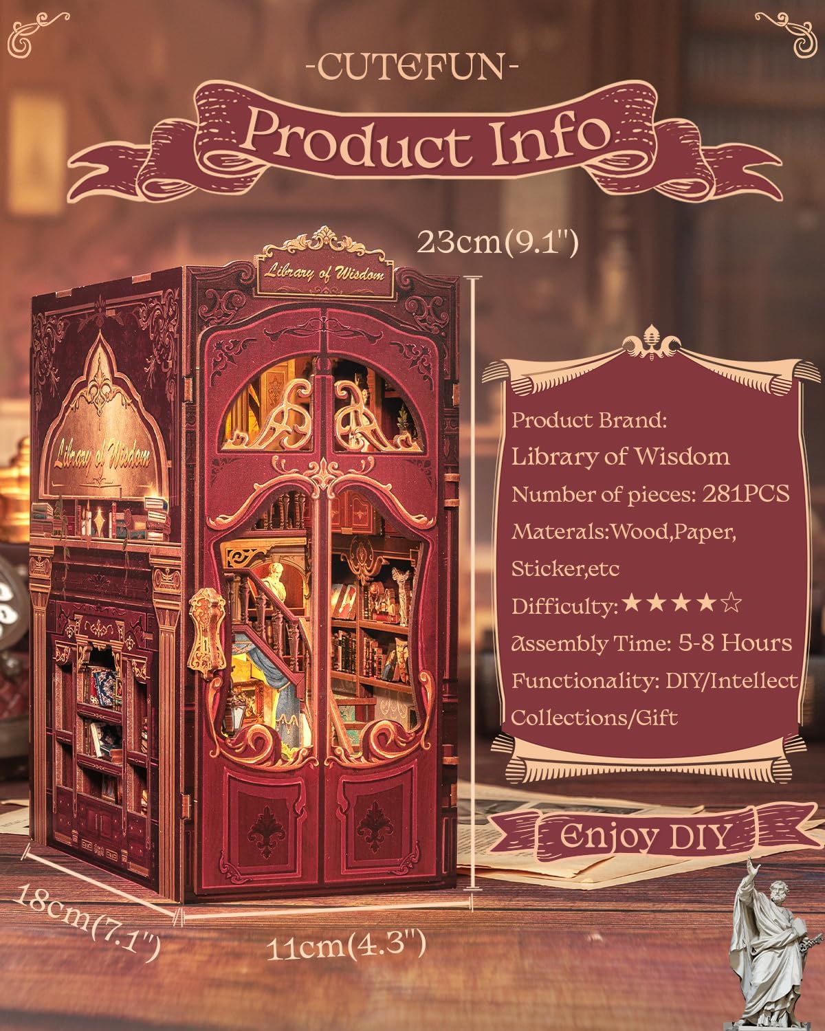 Cutefun Book Nook Kit - DIY Miniature Dollhouse Kit 3D Wooden Puzzle for Adults, Teens, Crafts Gifts for Bookshelf Decor (Library of Wisdom)