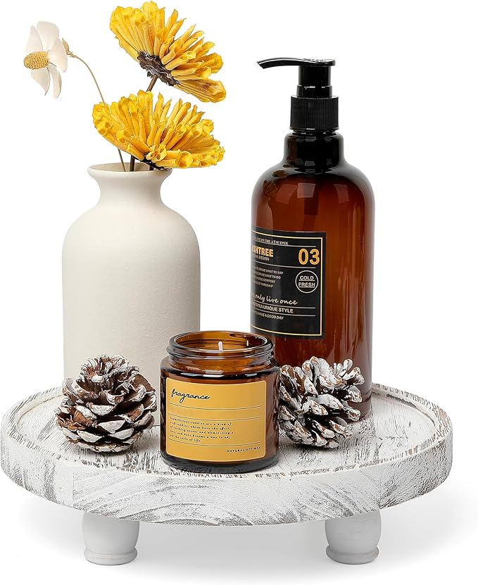 Tikea Farmhouse Wood Display Riser, 10 in. Farmhouse Pedestal Stand for Kitchen Bathroom Counter Decor, Round Display Tray for Soap Dispenser and Plant (White)