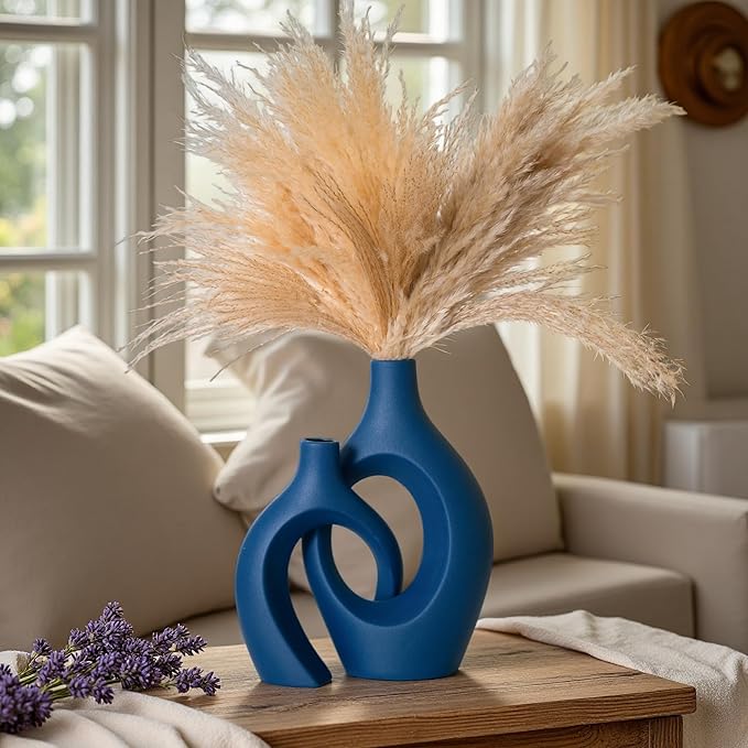 Snuggle Hollow Ceramic Vase Set of 2, 11Inch Nordic Modern Boho ins Style Decorative Ceramic Aesthetic Flower Vases for Home Decor Living Room Shelf Table Decorative (Matte Navy Blue)
