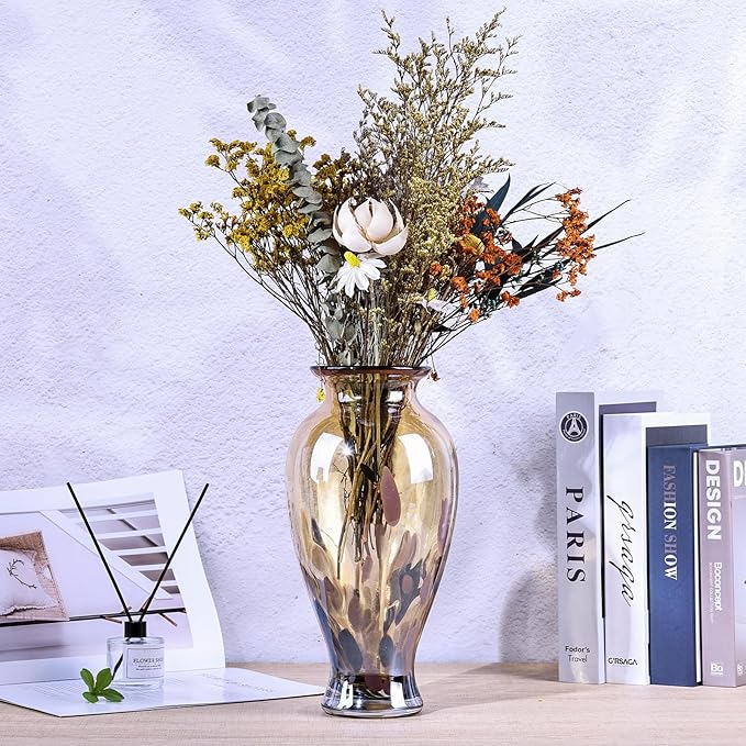 11.8" Tall Blown Amber Gold Glass Vase, Amber Opaque Glass Vase, Unique Design Wide Mouth Art Decoration for Home, Living Room, Dining Table, Pampas Grass Decor (Amber Gold)