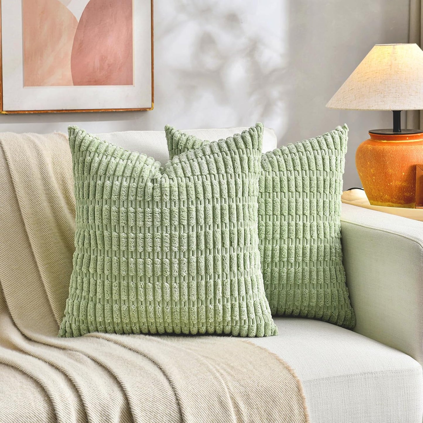 Fancy Homi Set of 4 Spring Boho Decorative Throw Pillow Covers 20x20 Inch for Couch Bed Sofa, Sage Green Yellow Room Decor, Soft Fuzzy Fluffy Cozy Corduroy Textured Cushion Case 50x50cm