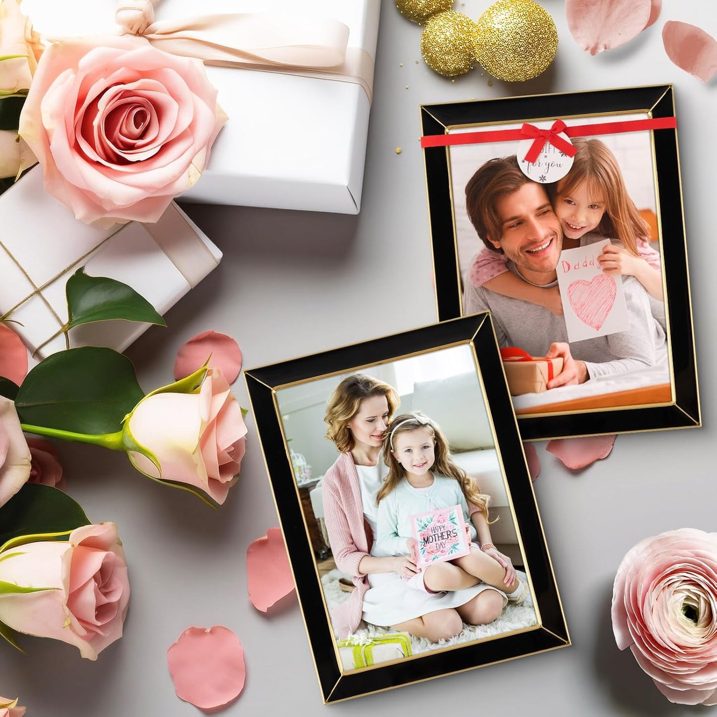 Frametory Enamel Picture Frame - 5x7 Gold Metal Edge Black Enamel Picture Frame With Easel and Velvet Back for Tabletop Display, Bookshelf, 5x7 Wall Decoration, Photo Frames-2 Set