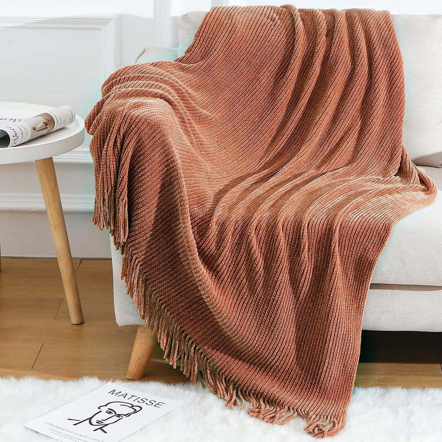 Blagic Knitted Throw Blanket for Couch Soft Farmhouse Boho Throw Blanket with Tassels Home Decorative Lightweight Throw Blankets,Maple Brown Throws for Bed/Chair/Sofa, Stripe Textured,60" W x 80" L