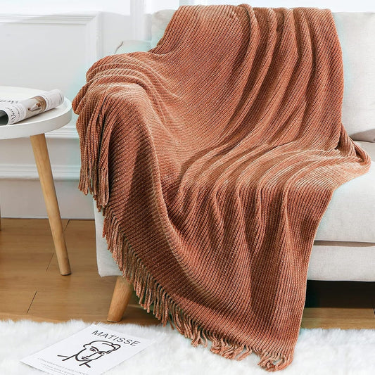 Blagic Knitted Throw Blanket for Couch Soft Farmhouse Boho Throw Blanket with Tassels Home Decorative Lightweight Throw Blankets,Maple Brown Throws for Bed/Chair/Sofa, Stripe Textured,60" W x 80" L