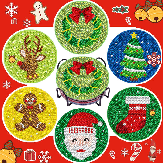 DOTSOPS 6 Pcs Christmas Diamond Art Kits for Adults - Diamond Art Coasters with Holder for Adults Beginners Diamond Craft for Christmas Birthday Gifts
