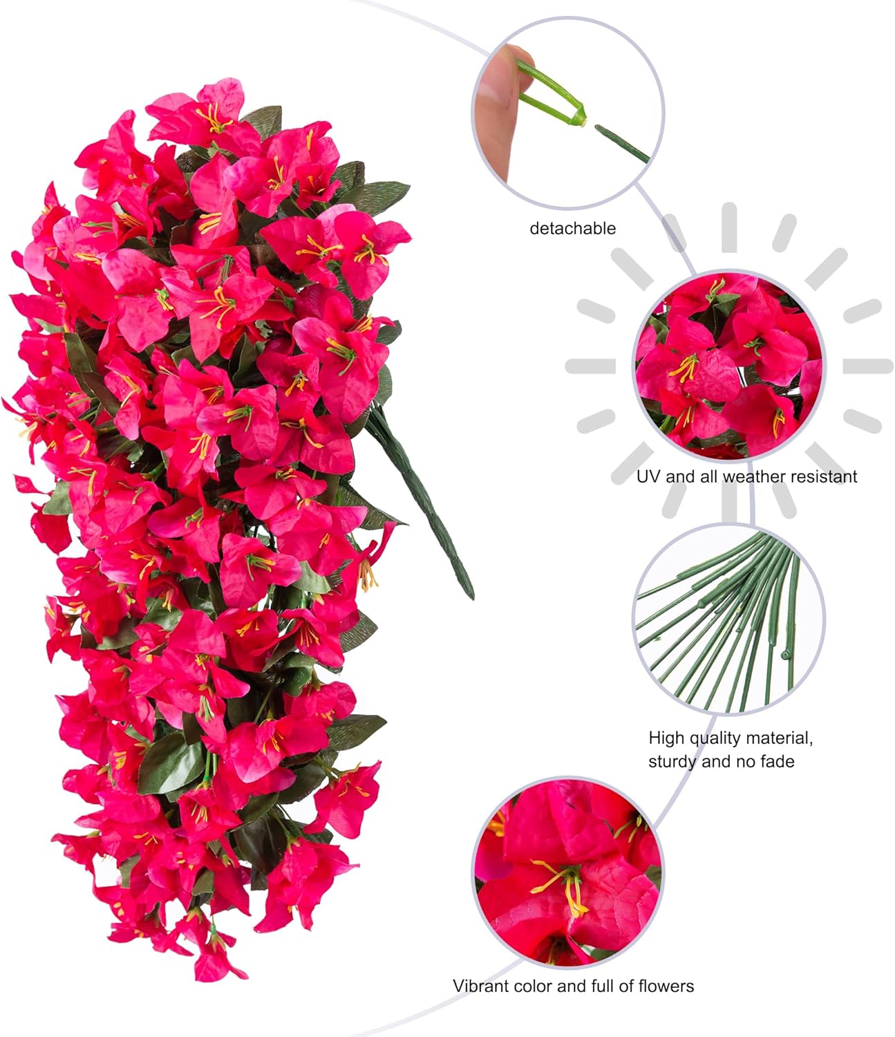 HyeFlora Bougainvillea Artificial Hanging Flowers Plants for Outdoors Decoration, 2pcs Fake Flowers Silk Bougainvillea Vines Realistic UV Resistant Faux Flowers for Planters Porch Patio Urn, Hot Pink