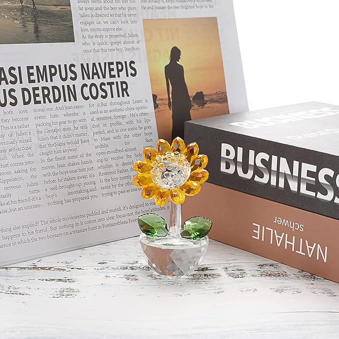 OwnMy Crystal Sunflower with Bud Glass Sunflower Figurine Collectible, Small Sunflower Ornament Paperweight Table Decoration with Gift Box, Glass Bouquet Flowers Centerpieces for Home Decors