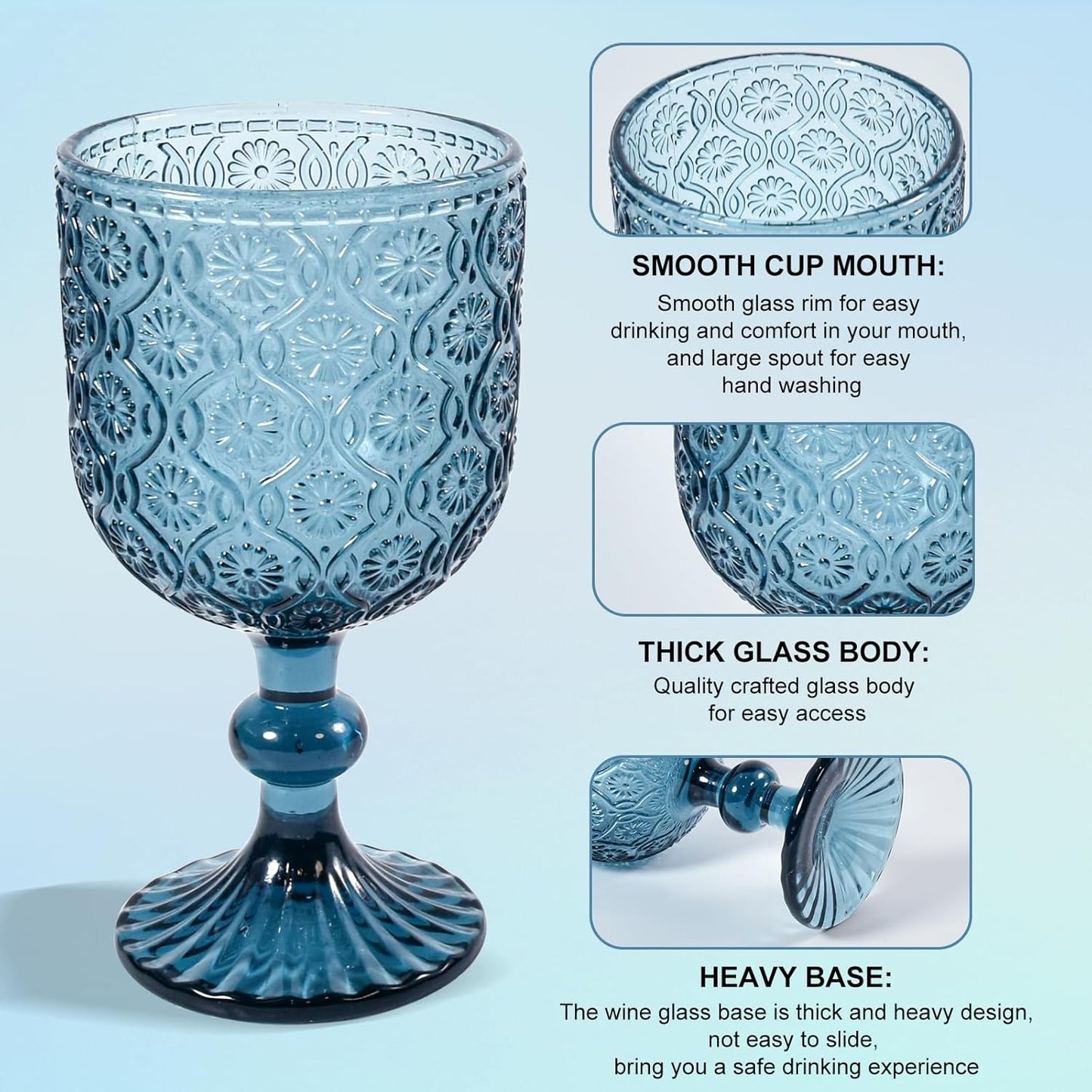 Colored Wine Glass Goblet Set of 6, 14 oz Blue Goblets Glassware, Blue Vintage Glassware for Weddings, Parties, Restaurants, Family Gatherings, Bars, Cafeterias, Dishwasher Safe