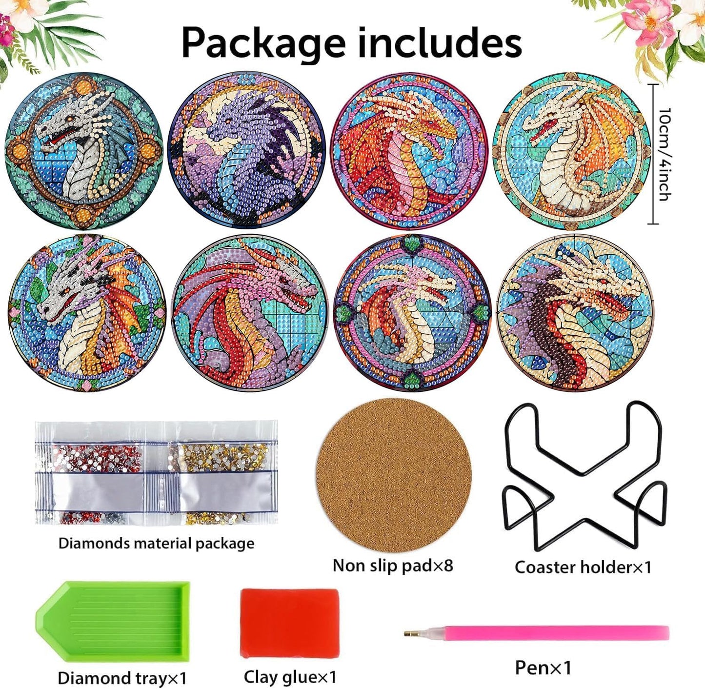 Meothan 8 Pcs Diamond Art Coasters Kits for Adults with Holder Cork Pads, Dragon Diamond Dots Art Painting Coasters Crafts Kit for Home Office Decor (Stained Glass Style)