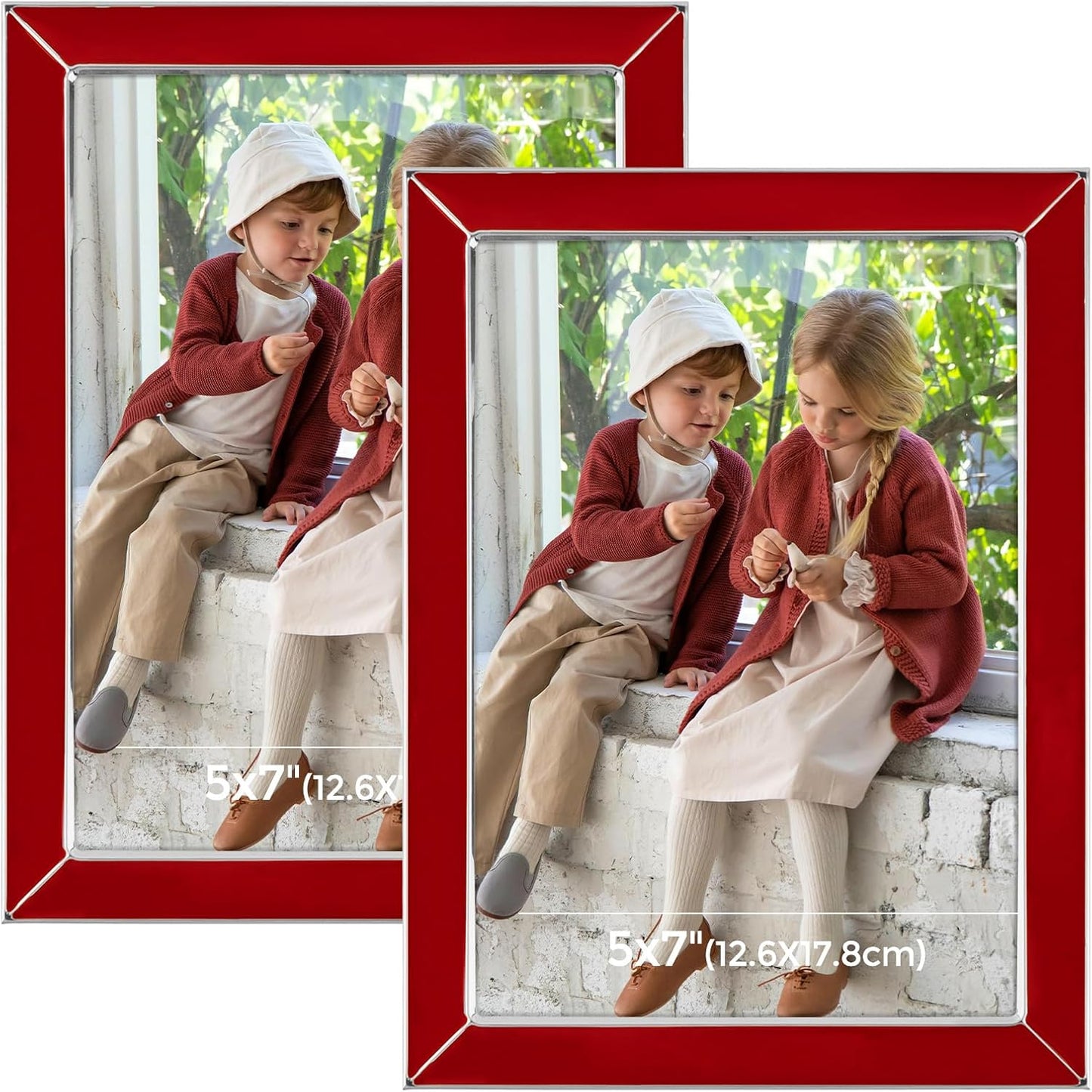 Frametory Enamel Picture Frame - 5x7 Silver Metal Edge Red Enamel Picture Frame With Easel and Velvet Back for Tabletop Display, Bookshelf, 5x7 Wall Decoration, Photo Frames, Picture Display-2 Set