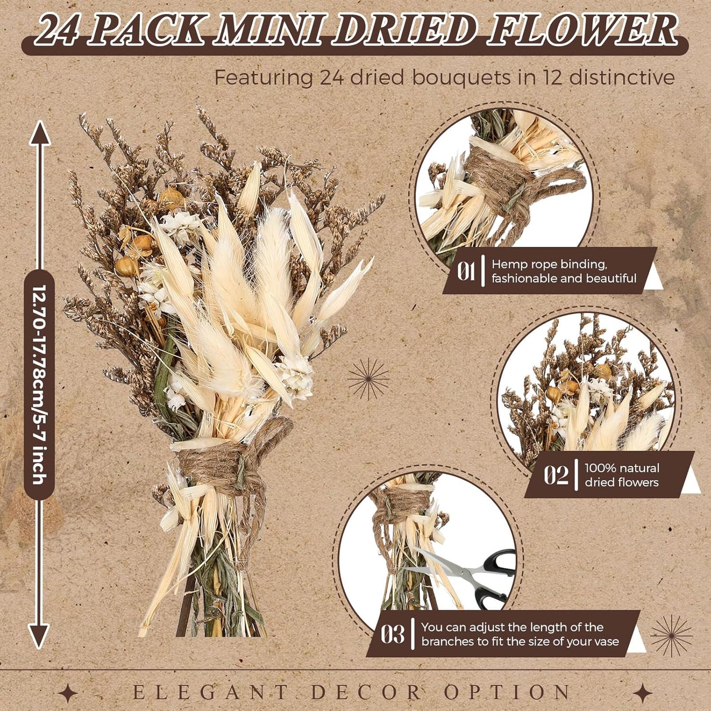 Layhit 24 Pcs Boho Dried Flower Bouquet Mini Wedding Handmade Dry Flowers Decor for Vase Crafts DIY Photo Boutonniere for Men Floral Plant for Bridesmaid Gift Birthday Decor(Stylish)