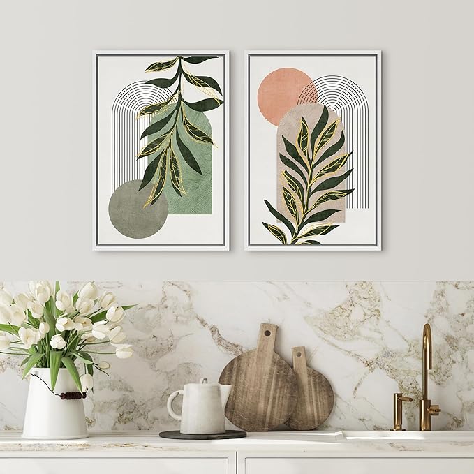 SIGNFORD Framed Canvas Print Wall Art Set Jungle Palm Leaf Geometric Polygons Abstract Shapes Illustration Modern Art Decorative Nordic Nature for Living Room, Bedroom, Office - 24"x36"x2 White
