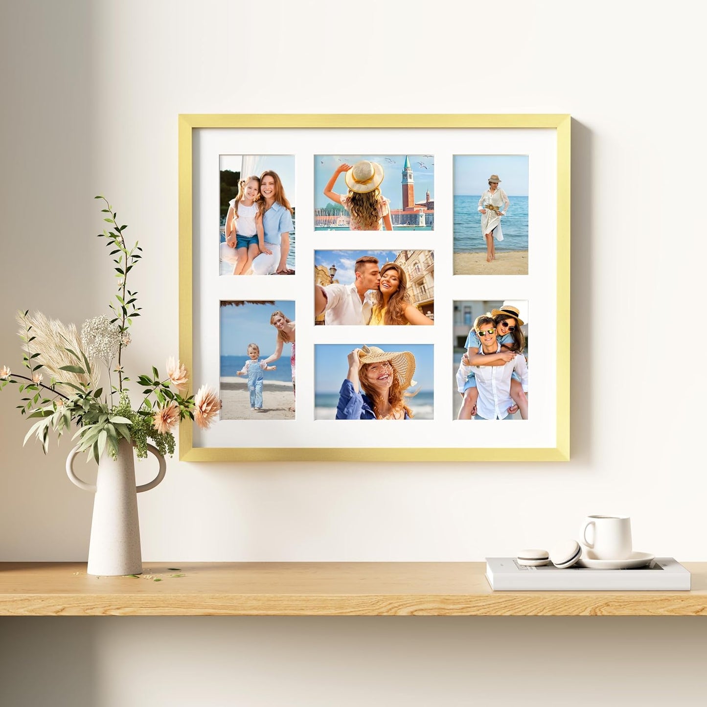 decorUhome 15x17 Picture Frames Collage Wall Decor, Display 7Pcs 4x6 Photos with Mat or 1Pcs 15x17 Unmatted, 7 4x6 Collage Picture Frames for Wall Mounting, Gold