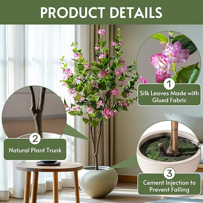 5FT Artificial Bougainvillea Tree Artificial Tree Tall Potted Fake Bougainvillea Trees for Outdoor Indoor Lifelike Potted Faux Plants with Wood Trunk and Flowers Office Wedding Home Decor