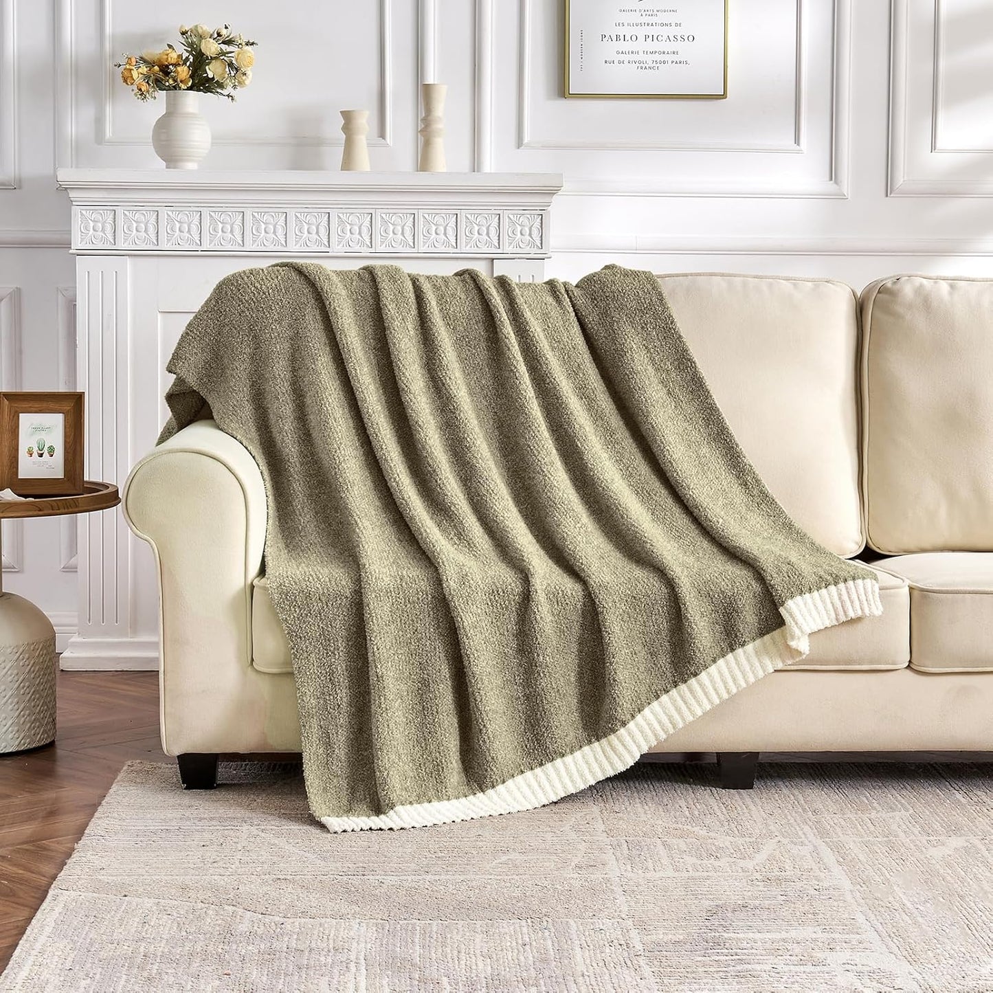 CozeCube Super Soft Fullfy Microfiber Reversible Knitted Blankets, Warm Cozy Fuzzy Plush Throw, Olive Green and White Melange Throw Blanket for Couch Bed Sofa, 60" x 80"