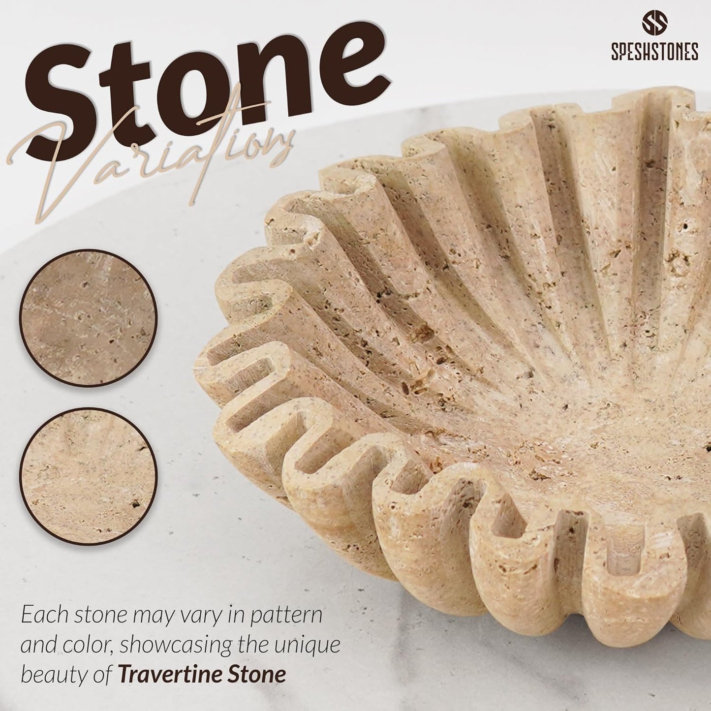 Marble Ruffle Bowl 8 Inch Handmade Travertine Fruit Bowl for Kitchen Counter - Large Decorative Scalloped Bowls for Dining, Coffee Table Centerpieces & Home Decor