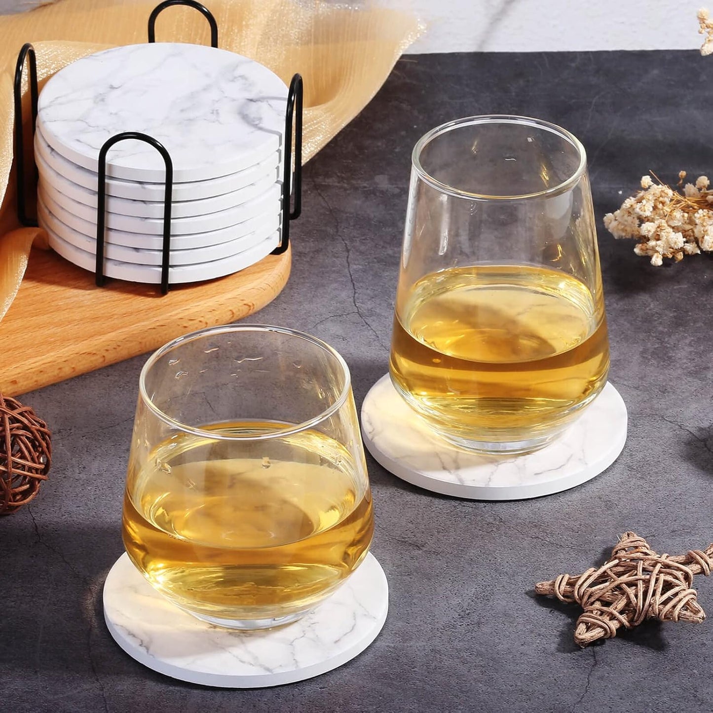 Billbotk 9 Pieces Ceramic Coasters for Drinks with Holder, Absorbent Drink Coasters for Coffee Table, Marble Style Coasters Wooden Table, Suitable for Kinds of Cups, 4 Inches