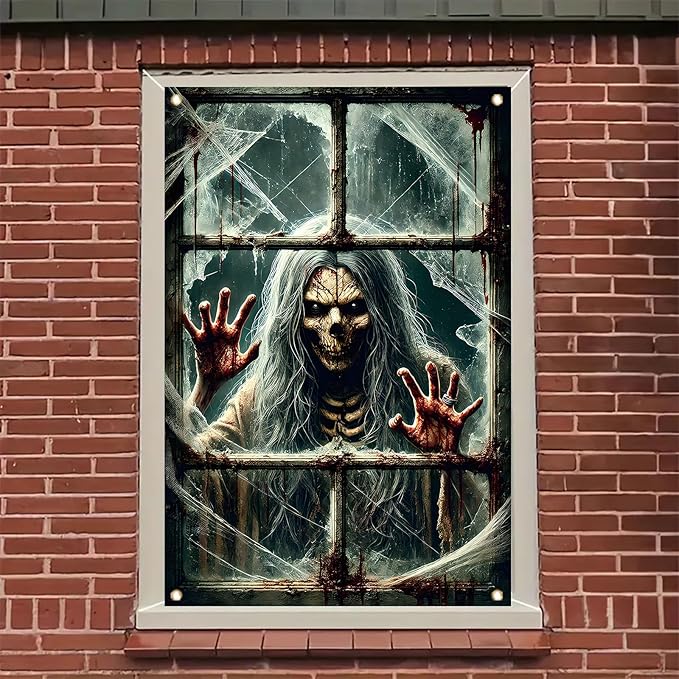 Window Cover Halloween 47x31 Inch Scary Skeleton Ghost Bloody Handprint Banner Creepy Horror Window Decoration for Haunted House Indoor Outdoor Poster Porch Decor