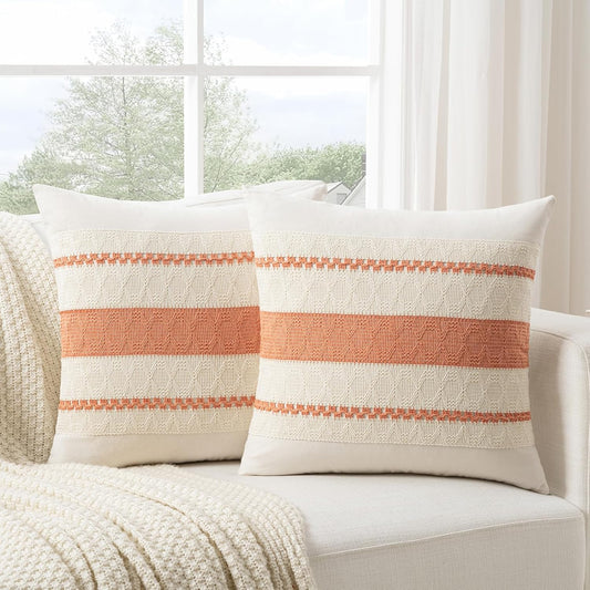 Fancy Homi Set of 2 Boho Coral Big Decorative Throw Pillow Cover 24x24 Inch for Couch Bed Bedroom, Aesthetic Modern Organic Farmhouse Room Decor, Soft Cotton Accent Macrame Woven Cushion Case