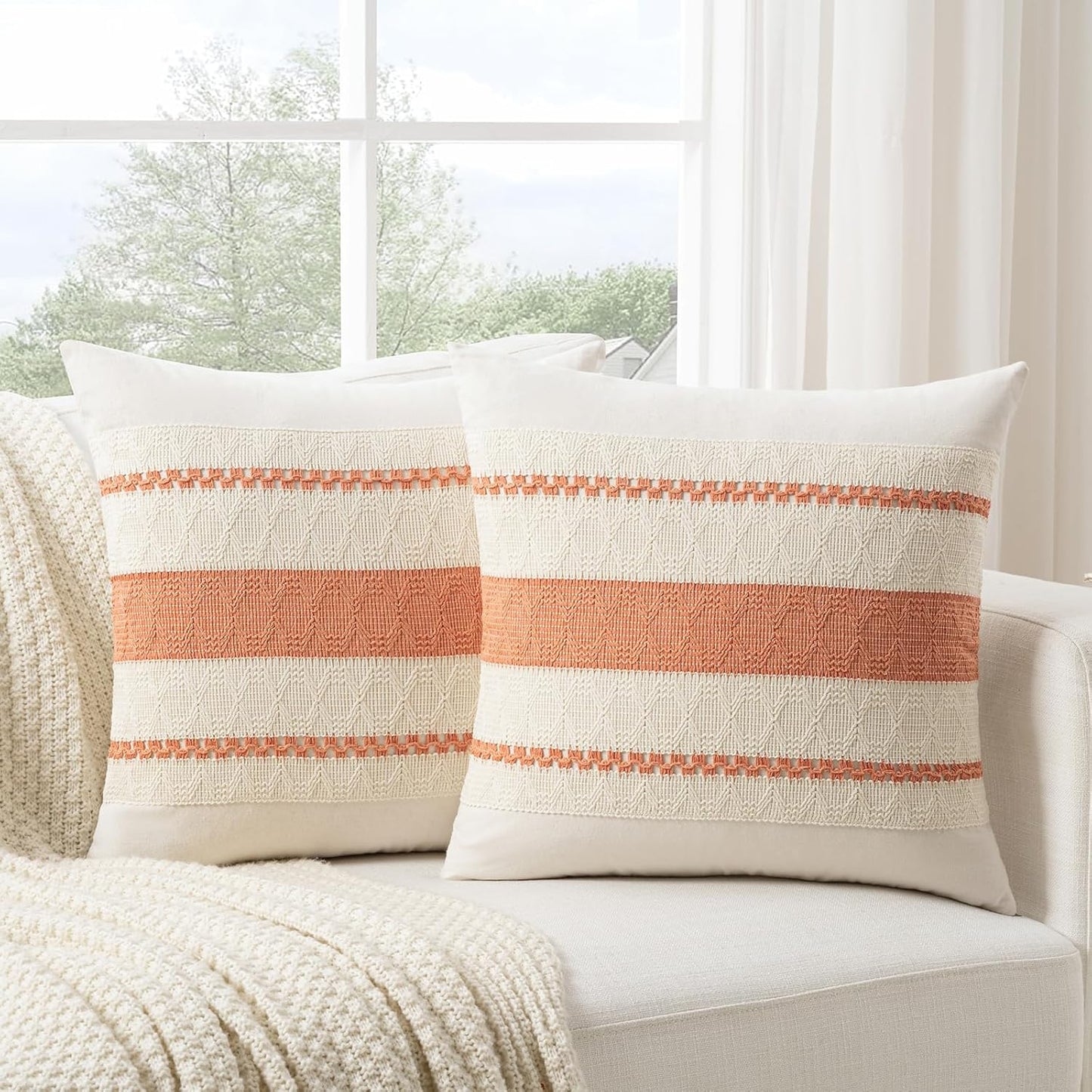 Fancy Homi Set of 1 Boho Coral Decorative Throw Pillow Cover 20x20 Inch for Couch Bed Sofa, Aesthetic Modern Organic Farmhouse Home Decor, Soft Cotton Cute Accent Macrame Woven Cushion Case