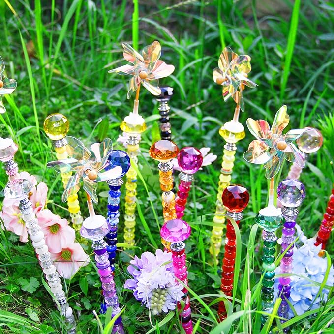 101 PCS Beaded Garden Stakes Kit, DIY Fairy Wand Garden Stake Beads Kits with Yellow Large Hole Beads 4 Crystal Stopper Top Threaded Rods and 2 Colored Small Windmills for Outdoor Indoor Decor