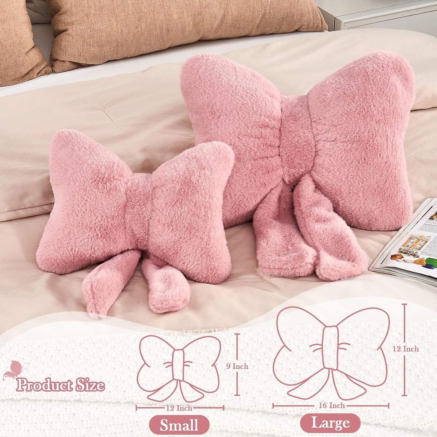 Dusty Pink Bow Pillow, Soft Bow Decorative Pillows with Faux Rabbit Fur, Cute 16" Bow Throw Pillows, Aesthetic Home Decor Bow Shaped Plush Pillow for Bedroom Sofa Couch