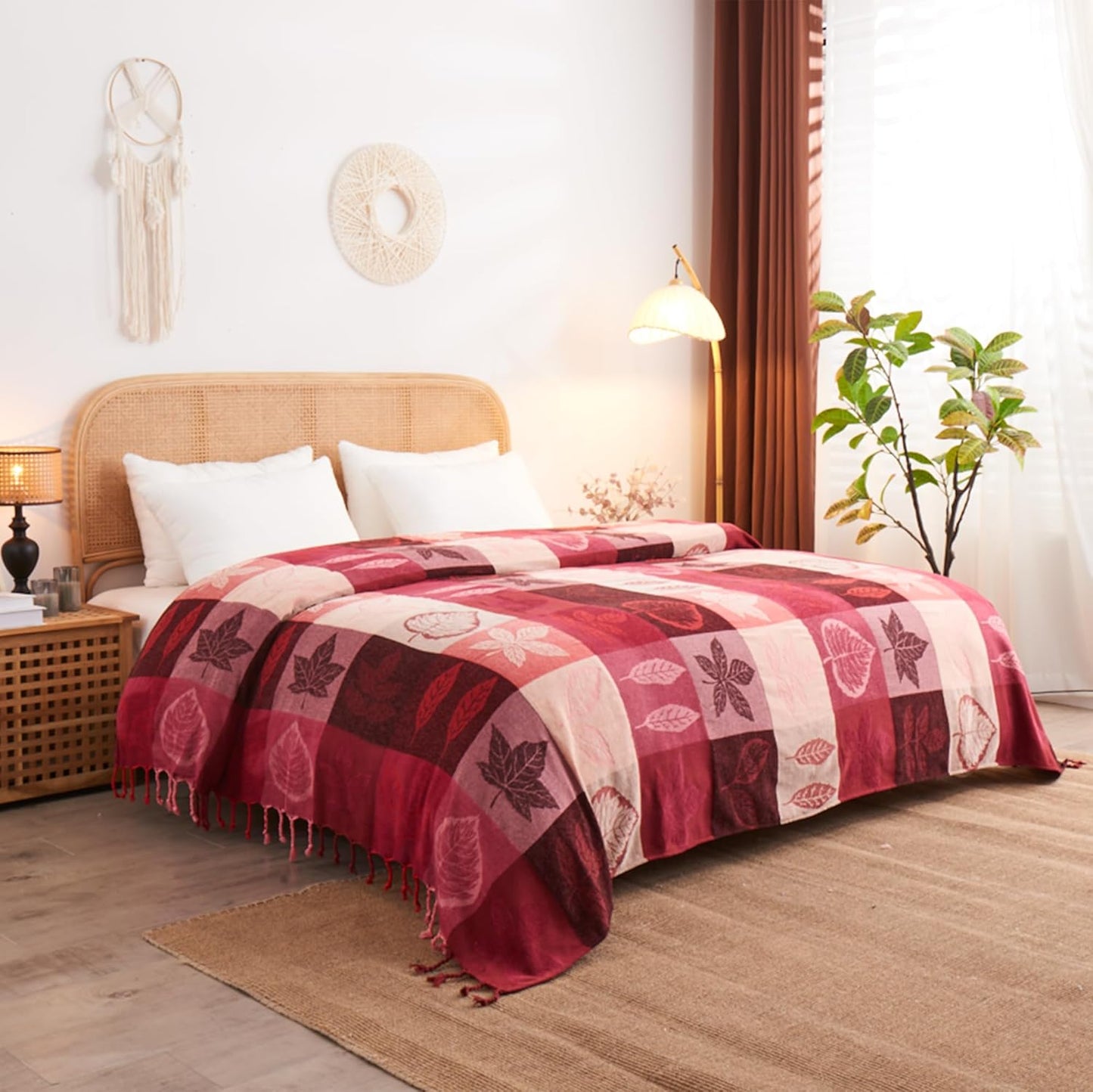 Bohemian Chenille Jacquard Tassel Throws - Reversible Red&Pink Maple Leaf Design for Boho Hippie Vibes - Oversized Blankets for Large Couch, Furniture, Sofa, Chair