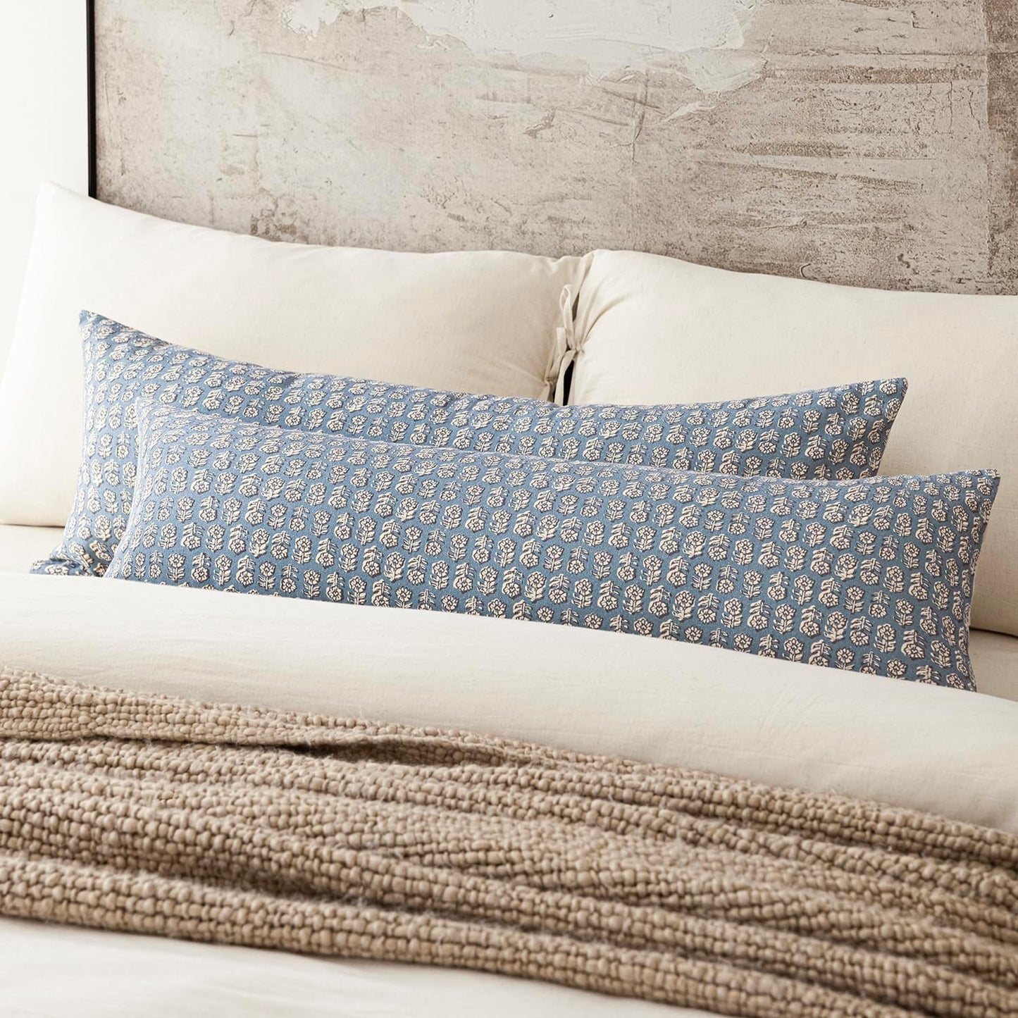 Foindtower Set of 2 Decorative Neutral Body Lumbar Throw Pillow Covers Vintage Accent Farmhouse Cushion Covers Floral Home Decor for Sofa Couch Chair Bedroom Living Room,14×36 Inch,Dusty Blue
