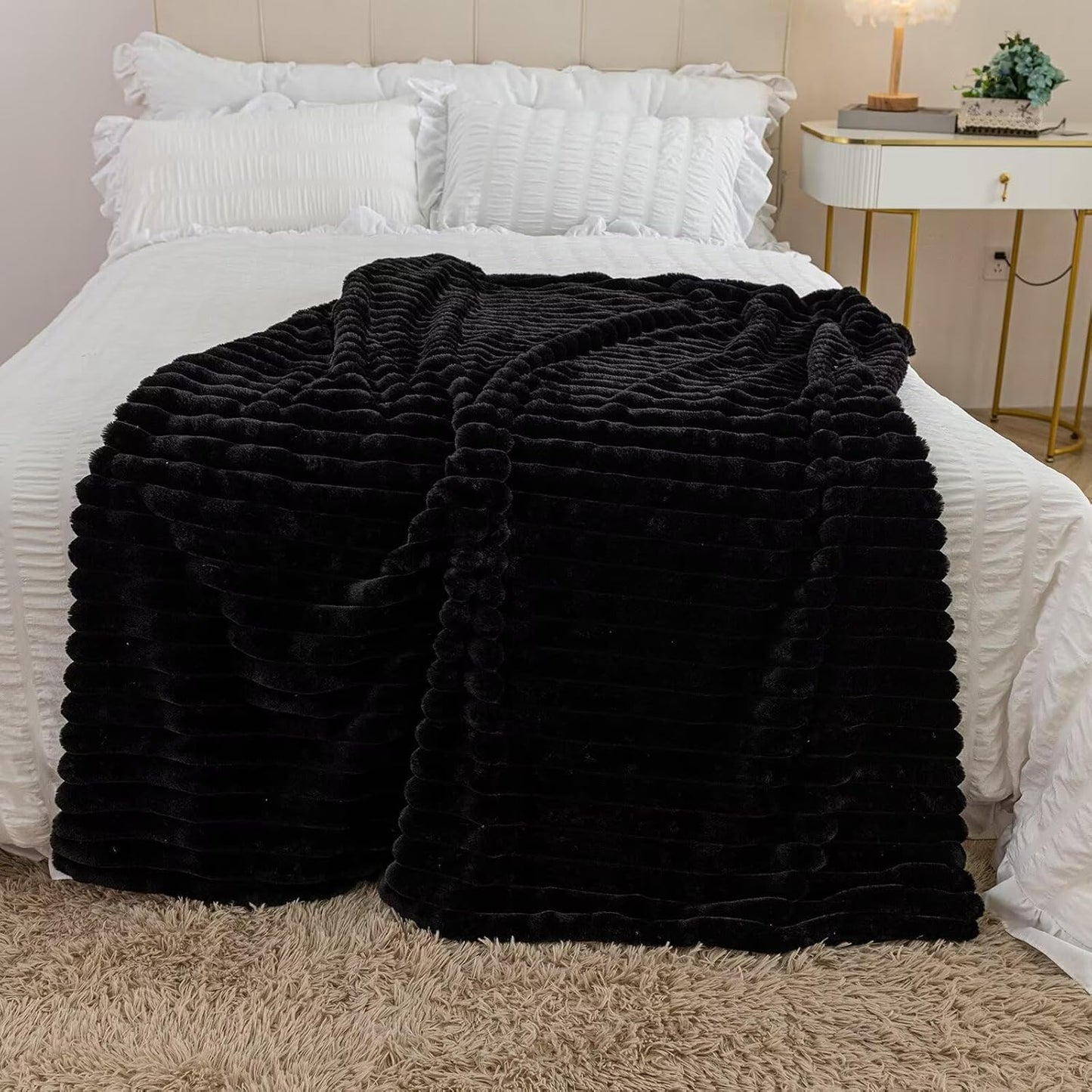 Black Halloween Faux Fur Throw Blanket for Couch, Fuzzy Cozy Soft Warm Plush Striped Throw Blanket, Decorative Fluffy Winter Blanket for Sofa Chair Bed Living Room Home Decor, 50"x60"