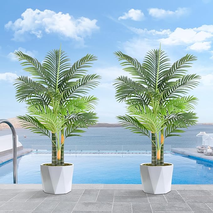 Triple Golden Cane Palm Artificial Tree 4ft Tall Large Faux Tropical Palm Tree UV Resistant Fake Plant in Pot for Indoor Outdoor Big House Living Room Patio Office Home Outside Decor 2Pack