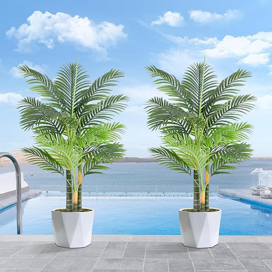Triple Golden Cane Palm Artificial Tree 4ft Tall Large Faux Tropical Palm Tree UV Resistant Fake Plant in Pot for Indoor Outdoor Big House Living Room Patio Office Home Outside Decor 2Pack