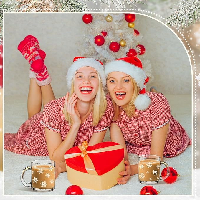 Tioncy 2pcs Christmas Snowflake Glass Coffee Mugs with Handle 12oz Christmas Snowflake Glass Cup Winter Holiday Mugs for Xmas Home Office Gifts